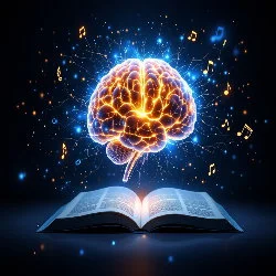 un cerebro brillante flotando arriba de un libro